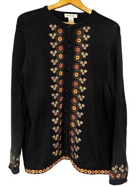 VTG Bechamel Black Embroidered Cardigan Large Sweater Floral Boho Button Front